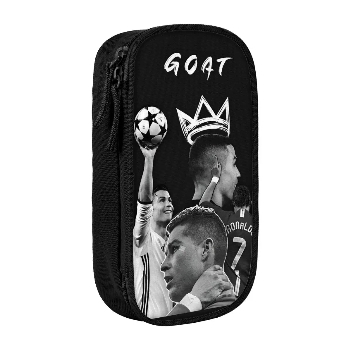 Black pencil case with a goat graphic featuring soccer players and a crown.
