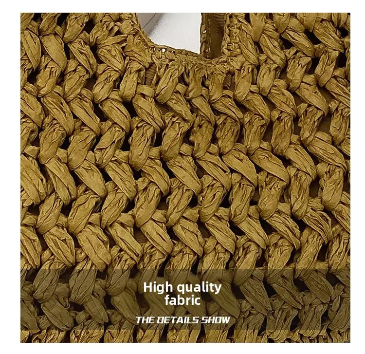 Close-up of a woven straw fabric texture used for a handbag.