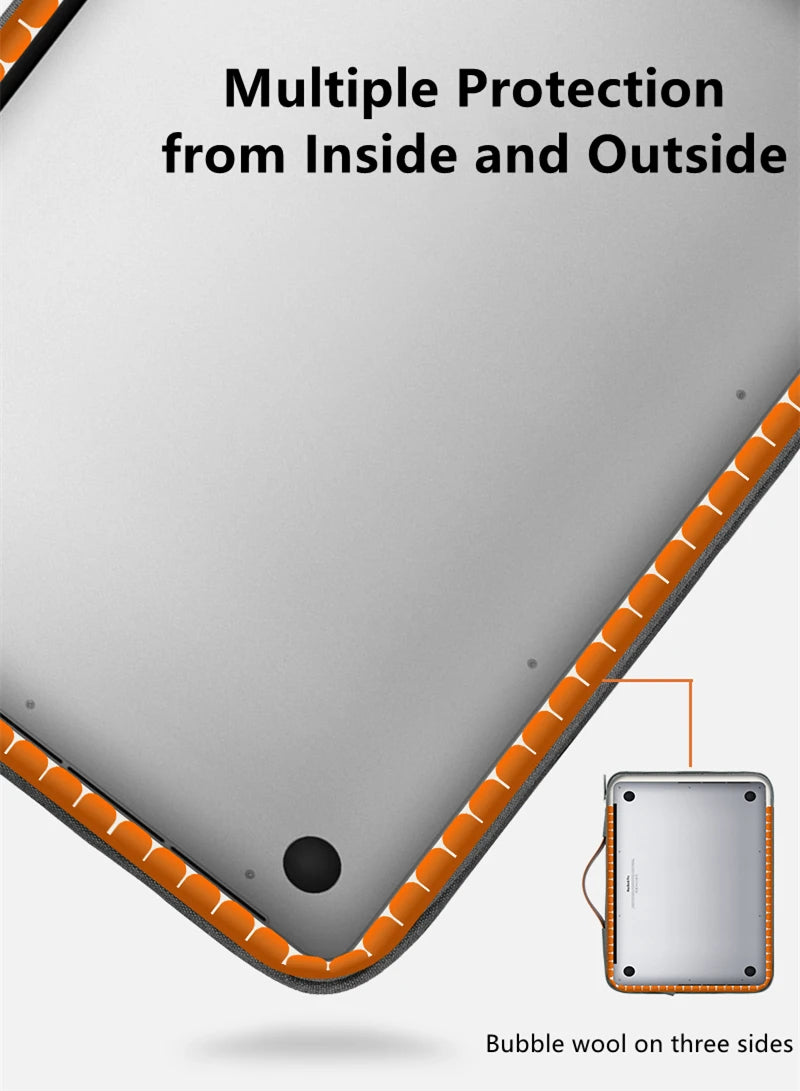 A laptop sleeve showing multiple layers of protection from inside and outside, with a view of the protective material on thre