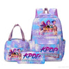 Purple multi-compartment backpack set featuring a main bag and a separate front pocket with Kpop Demon Hunters theme
