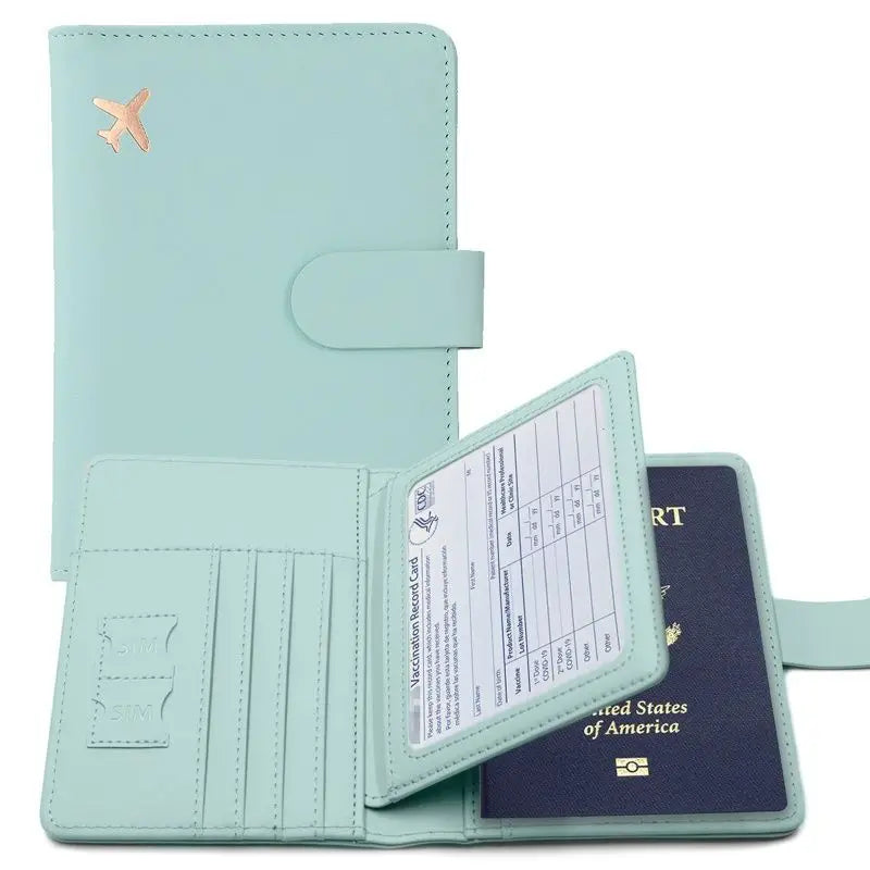 A light mint green slim PU leather RFID blocking passport and ID wallet with a flap.
