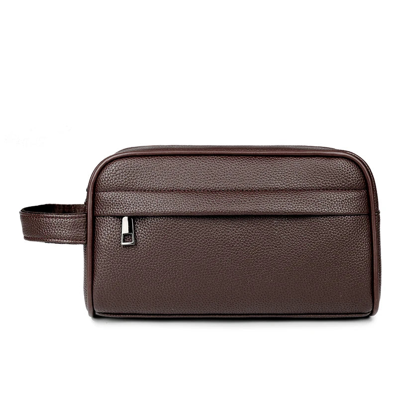 A dark brown vintage PU leather clutch bag for men shown flat on a white background.