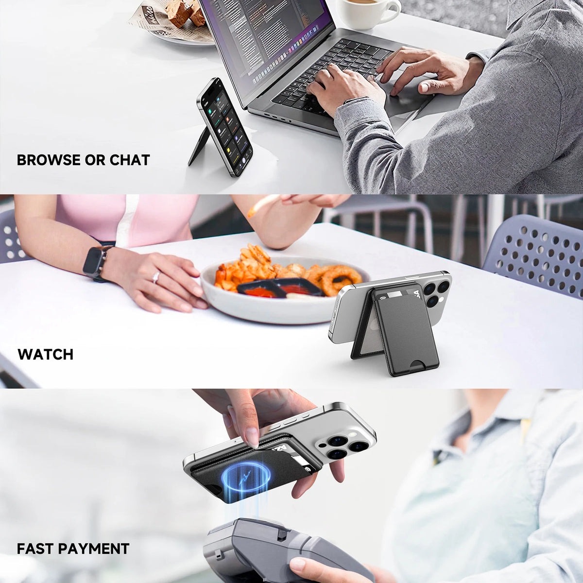 A person uses a MagSafe magnetic card holder wallet for iPhone to make a fast payment.