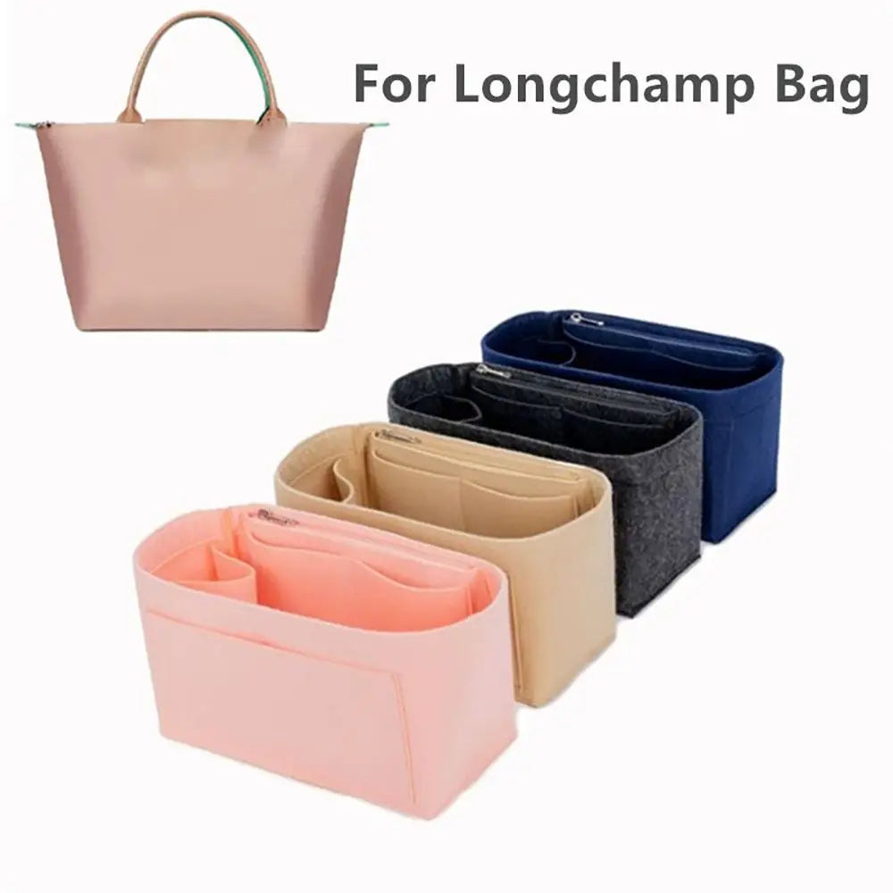 Set aus Filz-Organizer in Rosa, Beige und Marineblau für eine Longchamp-Tasche.