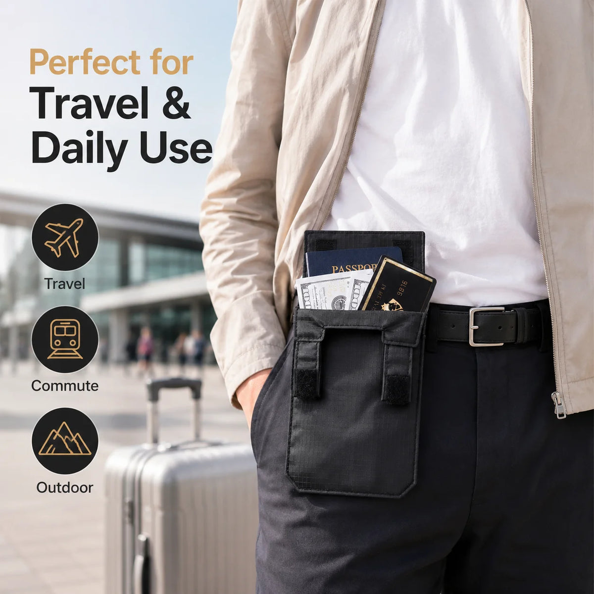 A person wearing dark pants is shown holding a black belt wallet with hook and loop closure, suitable for travel and daily us