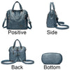 A fashionable blue leather crossbody backpack bag shown from the positive, side, back, and bottom angles.