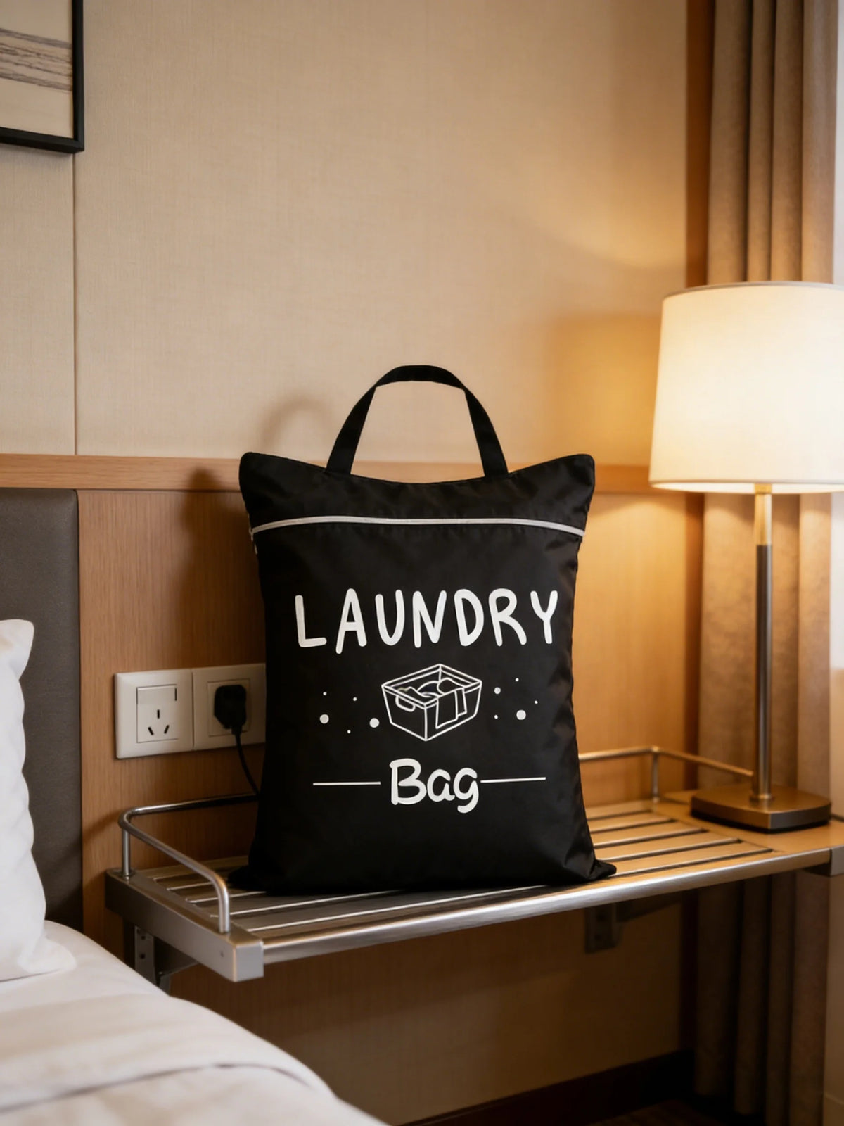 A black laundry bag with a handle is placed on a metal rack next to a bedside lamp.