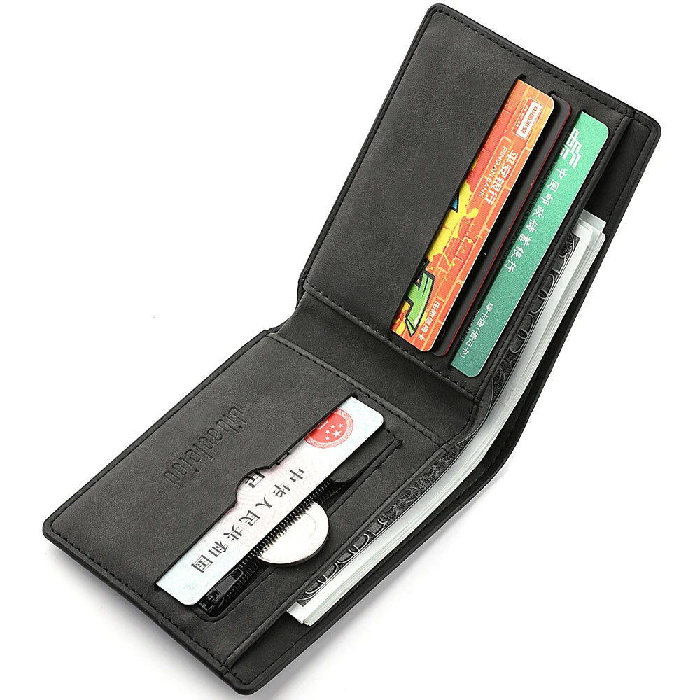 A black PU leather casual wallet with a flap showing several cards and a pen.