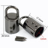 A black metal cord lock buckle with a loop and a cylindrical body, shown next to a screw.