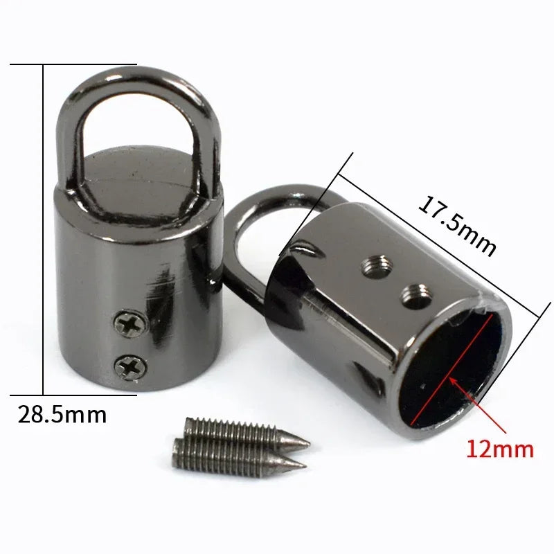 A black metal cord lock buckle with a loop and a cylindrical body, shown next to a screw.