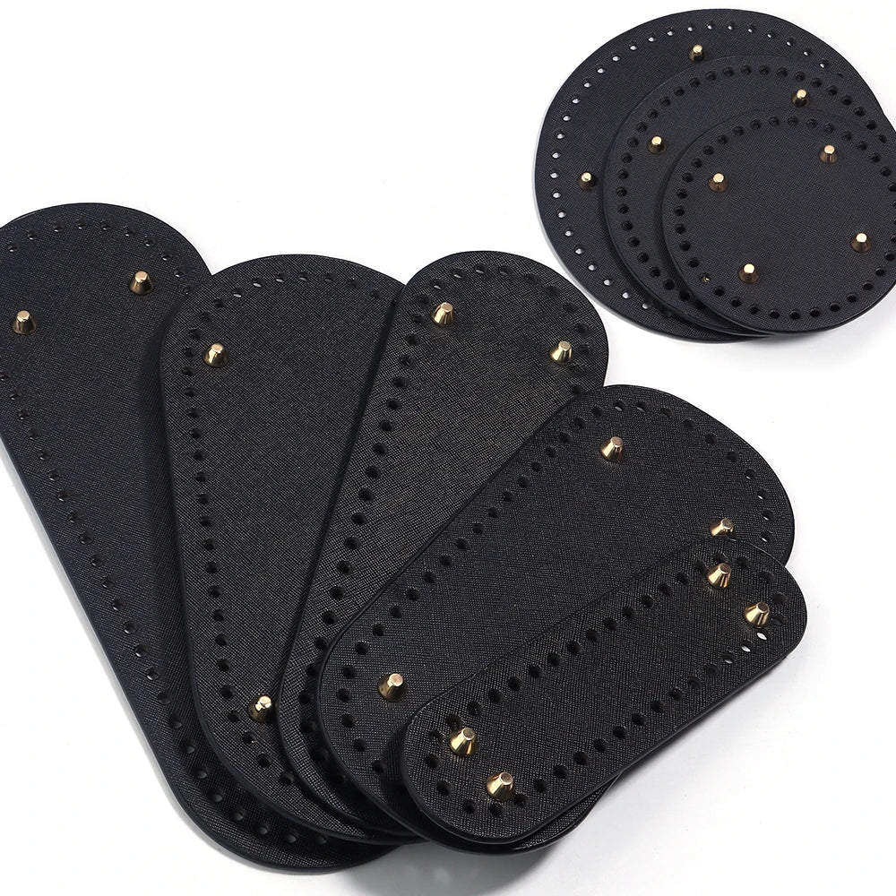 Black oval PU leather bag base with pre-punched holes for crochet and knitting
