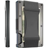 A slim metal RFID protection card holder wallet with a black strap and a stack of US currency visible.