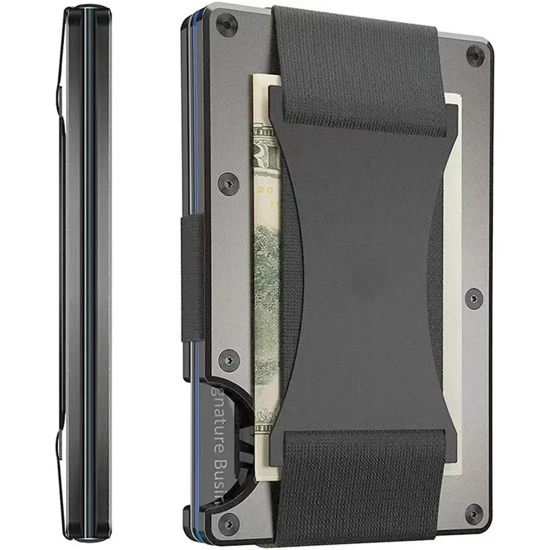A slim metal RFID protection card holder wallet with a black strap and a stack of US currency visible.