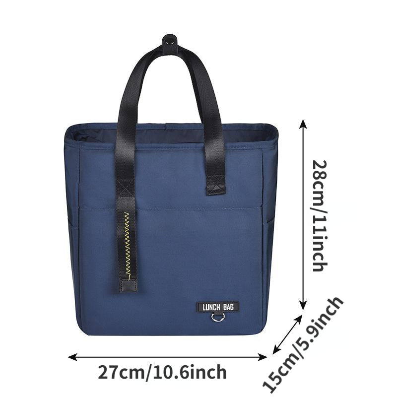 A dark blue insulated lunch bag with black handles and a waterproof lining shown from the front.