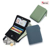 A black slim bi-fold wallet is shown open with cash and cards, next to a green leather bi-fold wallet.