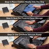 Three steps showing how to use vacuum storage bags for neat and clean storage.