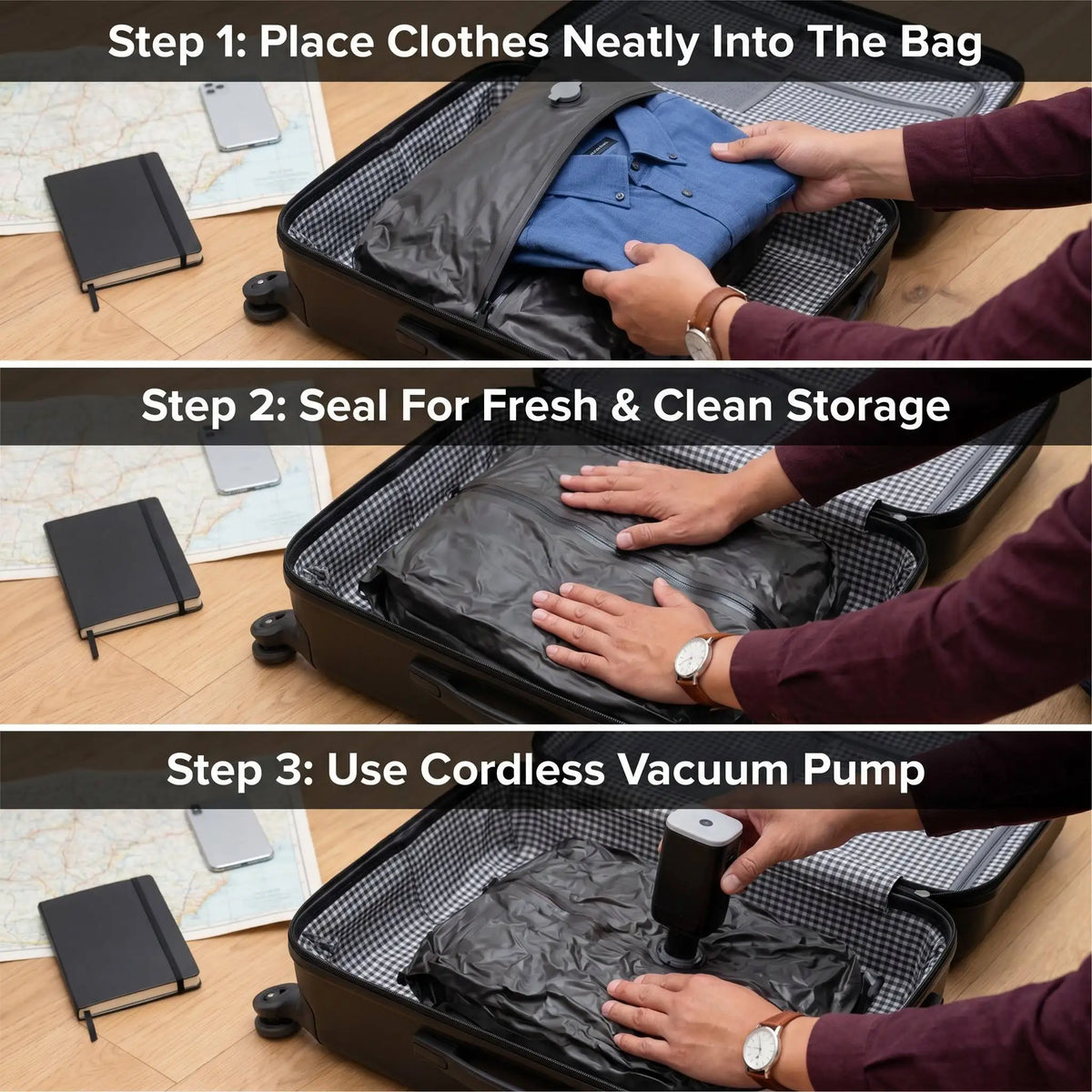 Three steps showing how to use vacuum storage bags for neat and clean storage.