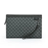A dark gray patterned leather wallet or clutch with a black strap and zipper.
