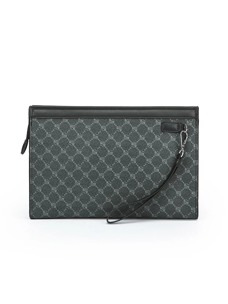 A dark gray patterned leather wallet or clutch with a black strap and zipper.