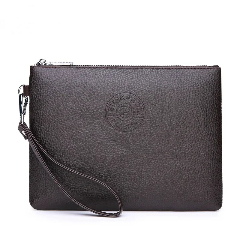 A dark brown leather clutch wallet with a zipper and a leather strap is shown against a white background.