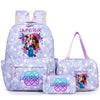 A purple nylon backpack set featuring a main backpack, a pouch, and a separate small pouch with colorful designs.