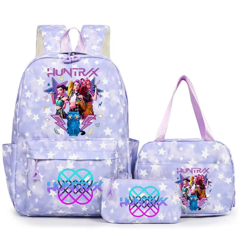 A purple nylon backpack set featuring a main backpack, a pouch, and a separate small pouch with colorful designs.