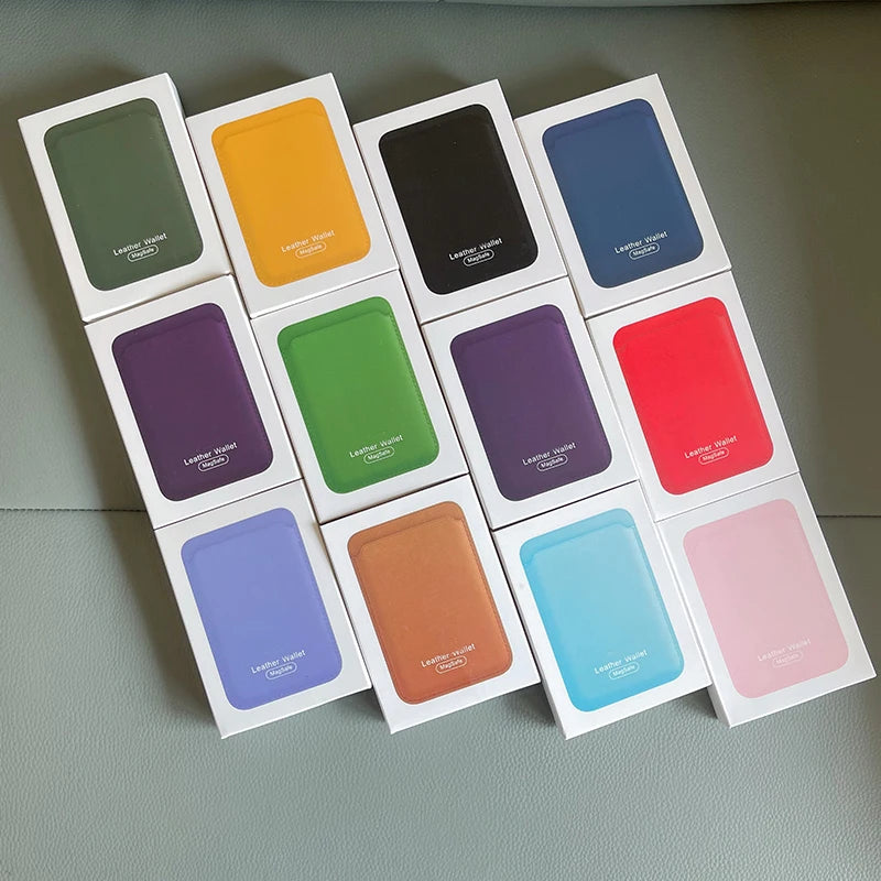 A collection of colorful leather wallet cases in various shades including green, yellow, black, blue, red, purple, and pink.