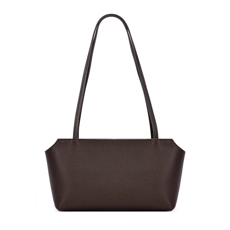 A dark brown genuine leather mini shoulder bag with adjustable straps shown against a white background.