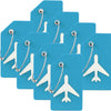 A set of light blue silicone luggage tags with silver cord loops and white airplane shapes.