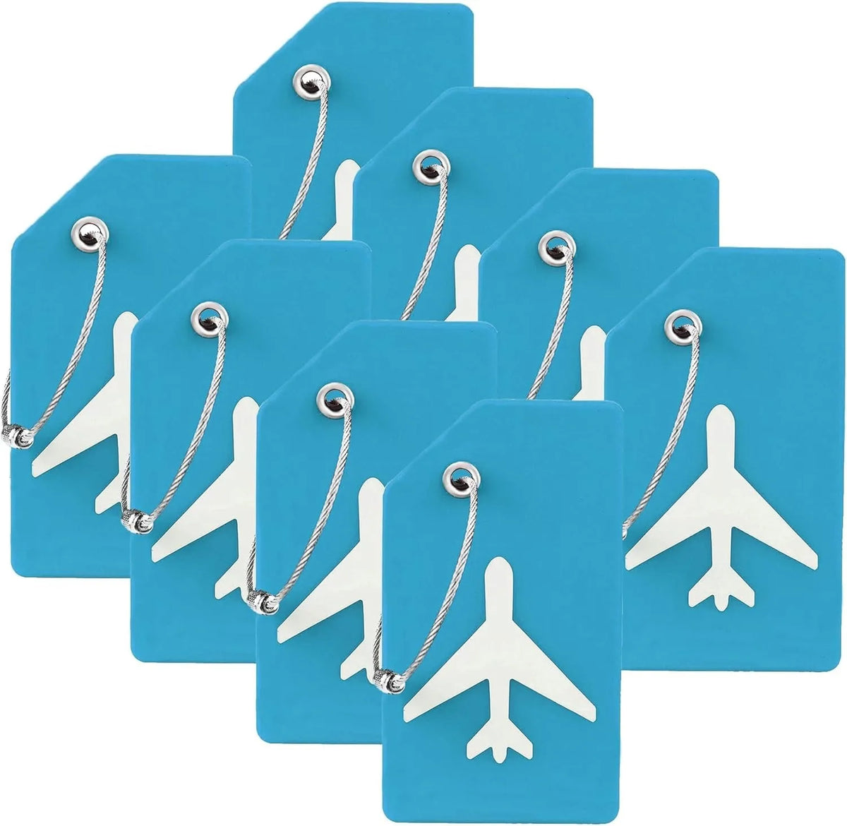 A set of light blue silicone luggage tags with silver cord loops and white airplane shapes.