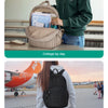 A beige quilted casual backpack is shown being used by a student in a college setting and another black version is seen with 