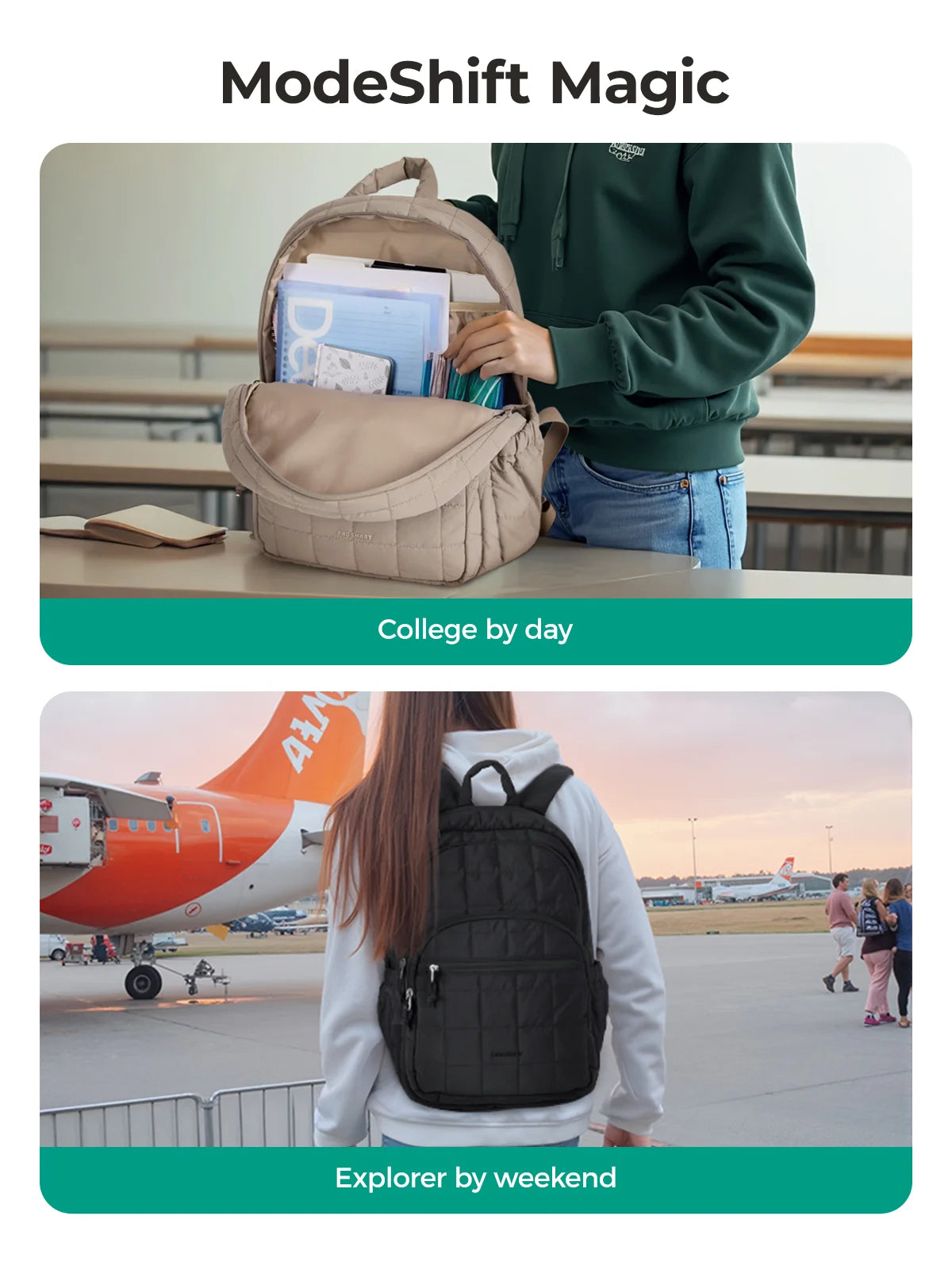 A beige quilted casual backpack is shown being used by a student in a college setting and another black version is seen with 