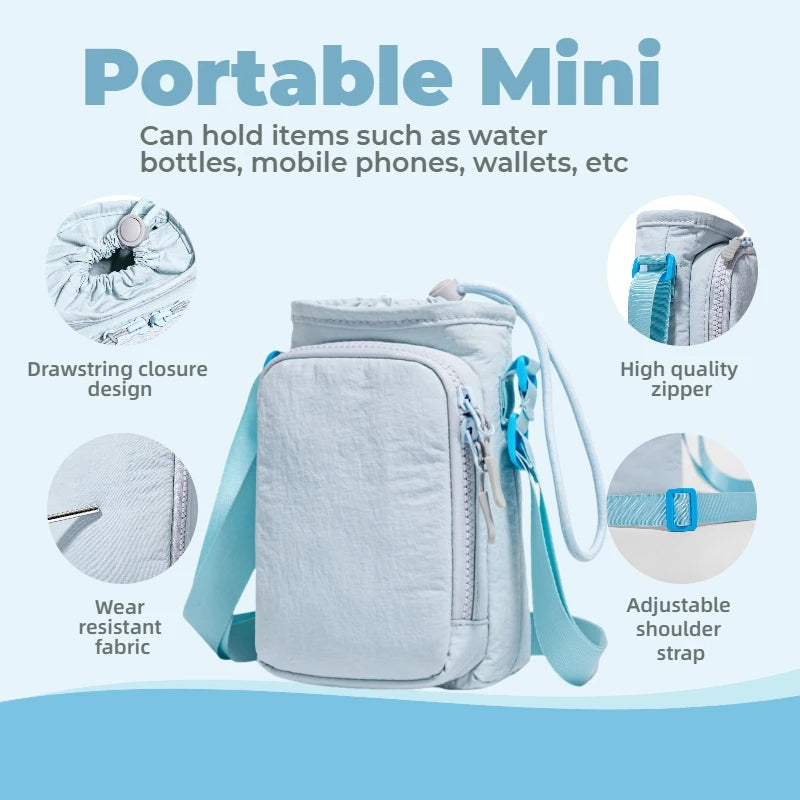 A light blue portable mini carrier bag designed to hold items like water bottles and mobile phones.