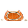 An elegant gold-tone evening clutch bag with a smooth, rounded shape and polished metallic trim.