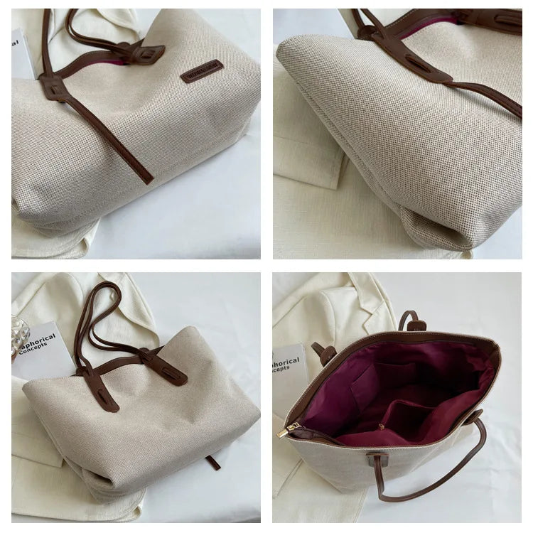A light beige canvas shoulder tote bag with brown leather straps shown from the side and top view.