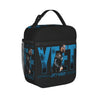 Black lunch bag featuring a vintage print of a man with sunglasses and palm trees on a blue background.
