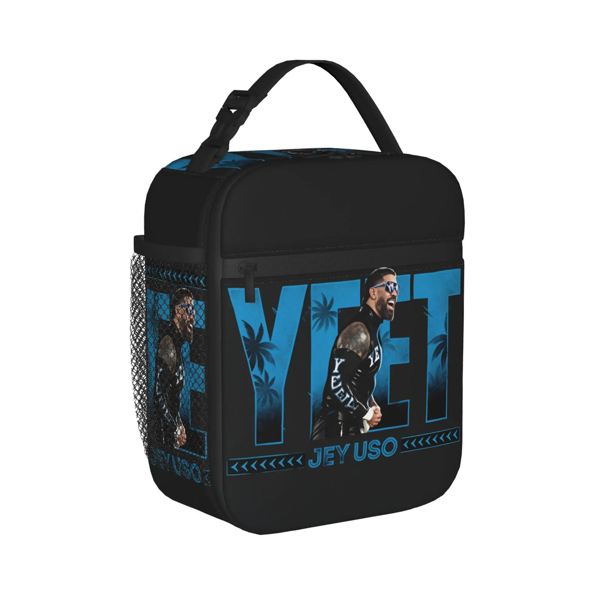 Black lunch bag featuring a vintage print of a man with sunglasses and palm trees on a blue background.