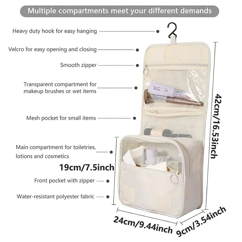 A beige waterproof makeup organizer with multiple compartments for storing brushes, cosmetics, and toiletries.