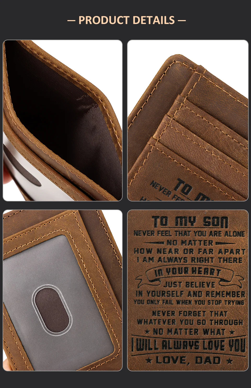 Portefeuille en cuir véritable marron avec un message touchant à un fils