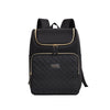 Black insulated travel backpack with gold accents and a quilted pattern.