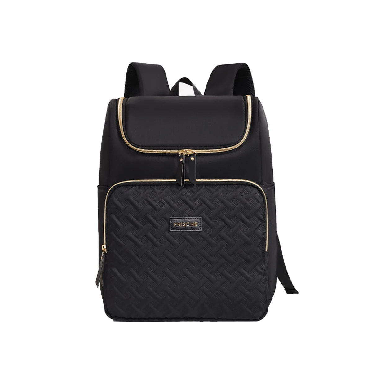 Black insulated travel backpack with gold accents and a quilted pattern.