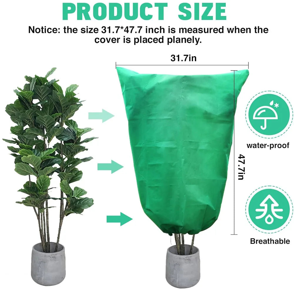 A green plant protection cover is shown placed over a potted plant, measuring 31.7 inches wide.