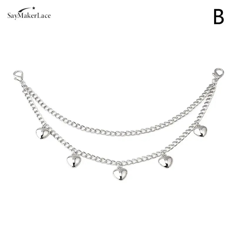 Silver multi-layer metal chain strap shoulder bag charm with heart accents