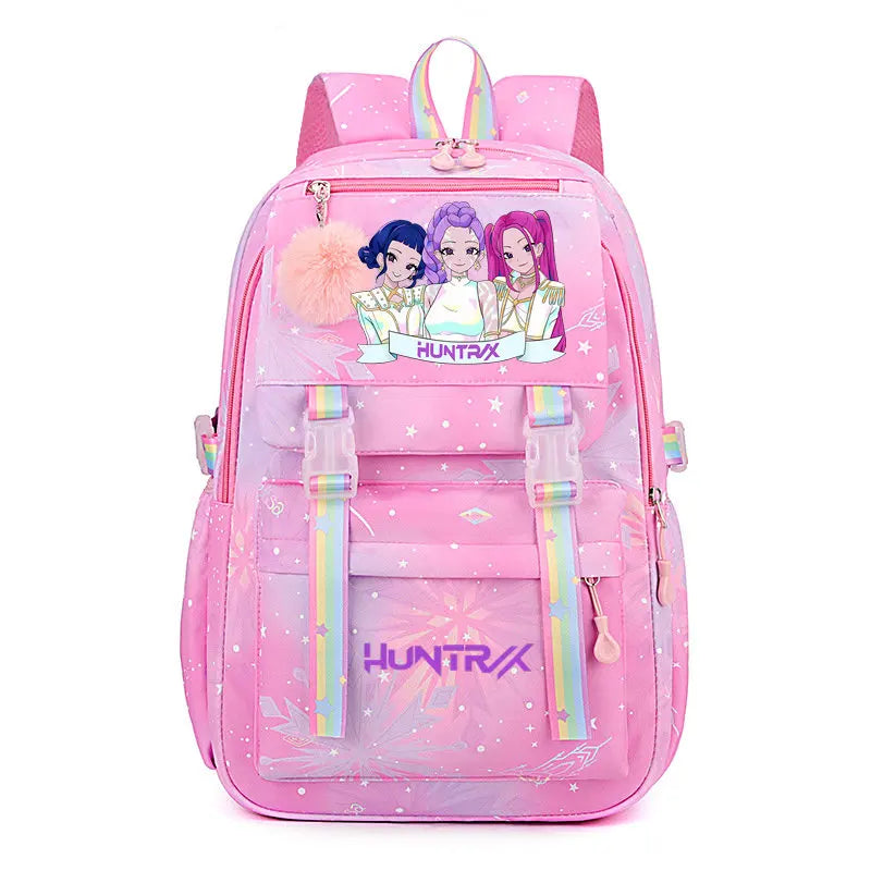 Pink and purple Hunterx laptop backpack featuring stylized characters