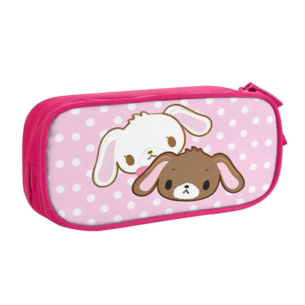 Pink zippered pencil case featuring a cute white and brown dog illustration