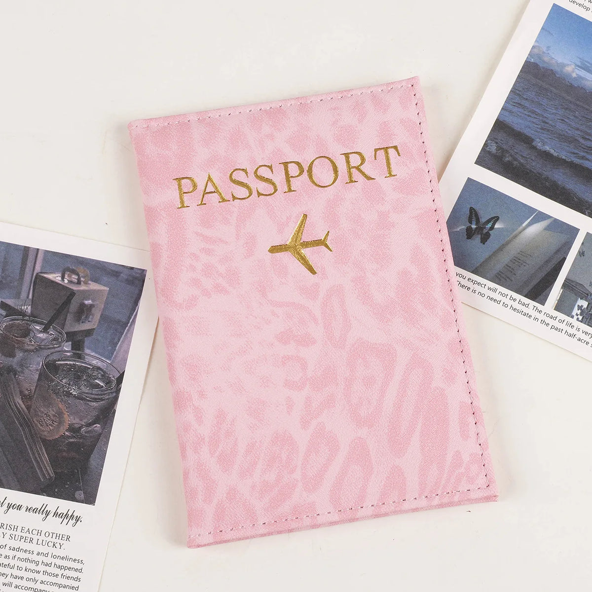 Pink leopard print PU leather passport holder with gold foil lettering