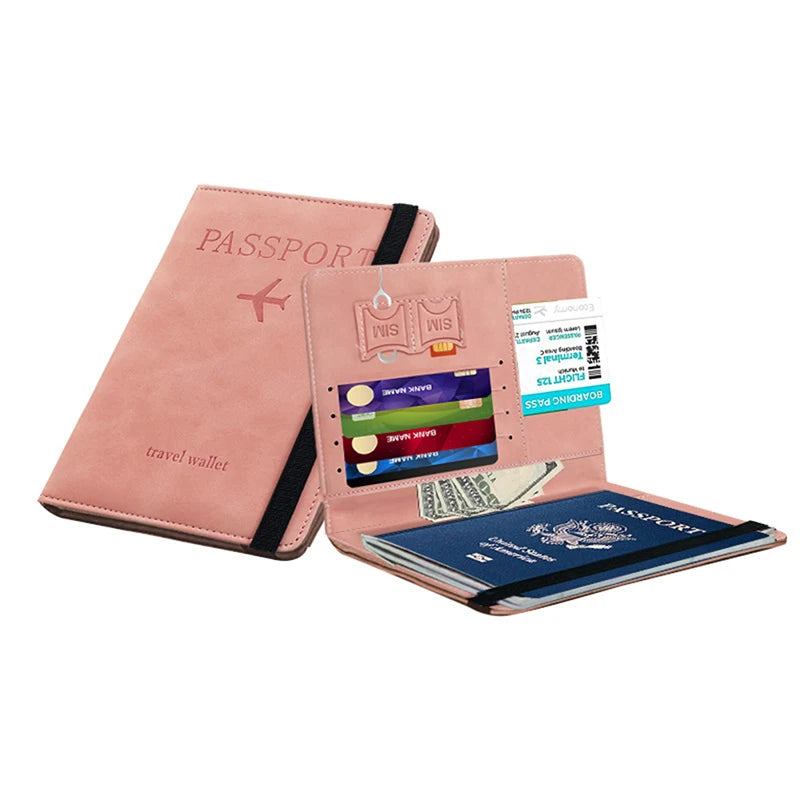 Rosa Leder-Reisepass-Wallet mit Fächern für Reisepass, SIM-Karte und ID-Karte.