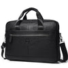 Black full-grain leather executive laptop briefcase with padded straps and zipper.