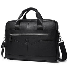 Black full-grain leather executive laptop briefcase with padded straps and zipper.