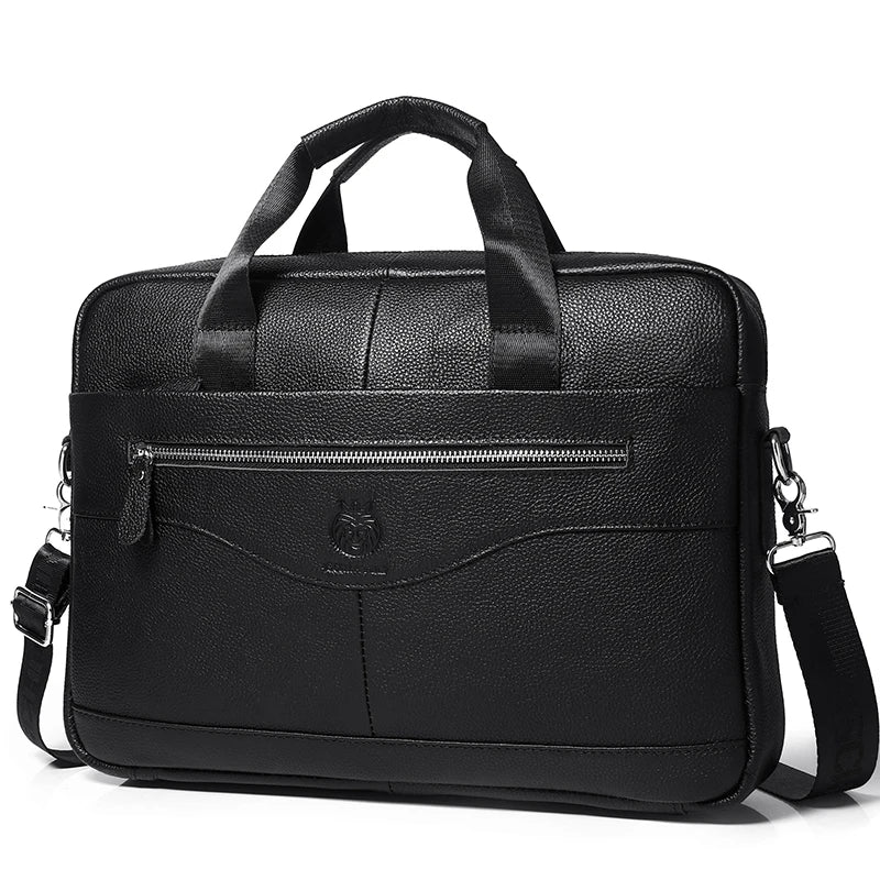 Black full-grain leather executive laptop briefcase with padded straps and zipper.
